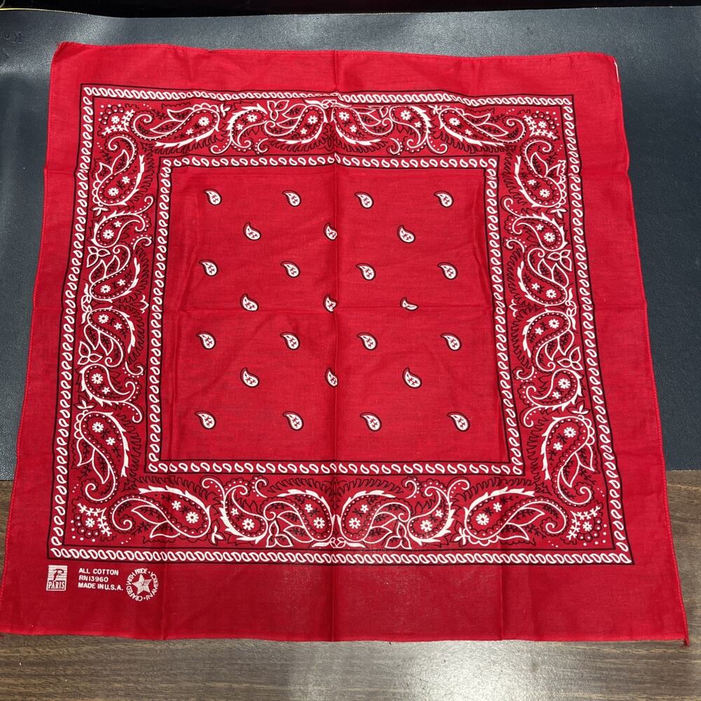 Vintage All Cotton Colorfast Red Handkerchief Bandana Paris RN13960 USA, 20.5”.